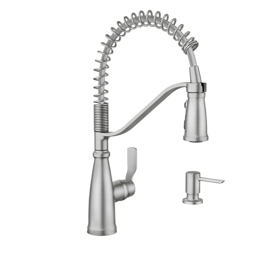 Moen Nolia Chrome One-Handle Pre-Rinse Spring Kitchen Faucet with Pull Down Sprayer, Single Hole Kitchen Sink Faucet with Soap Dispenser, 87886