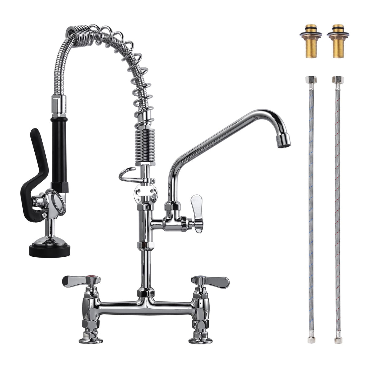Commercial Kitchen Faucet Deck Mount with Pre-Rinse Sprayer 26" Height Kitchen Sink Faucet 8 Inch Center with 10" Add-on Swing Spout Faucet & Coiled Spring Pull Down Spray