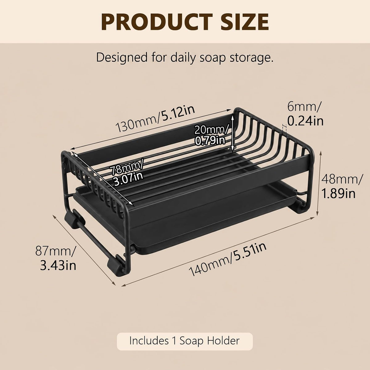 Soap Dish for Shower, Carbon Steel Bar Soap Holder with Water Tray, Soap Organizer for Bathroom, Kitchen Sink and Countertop(Black)