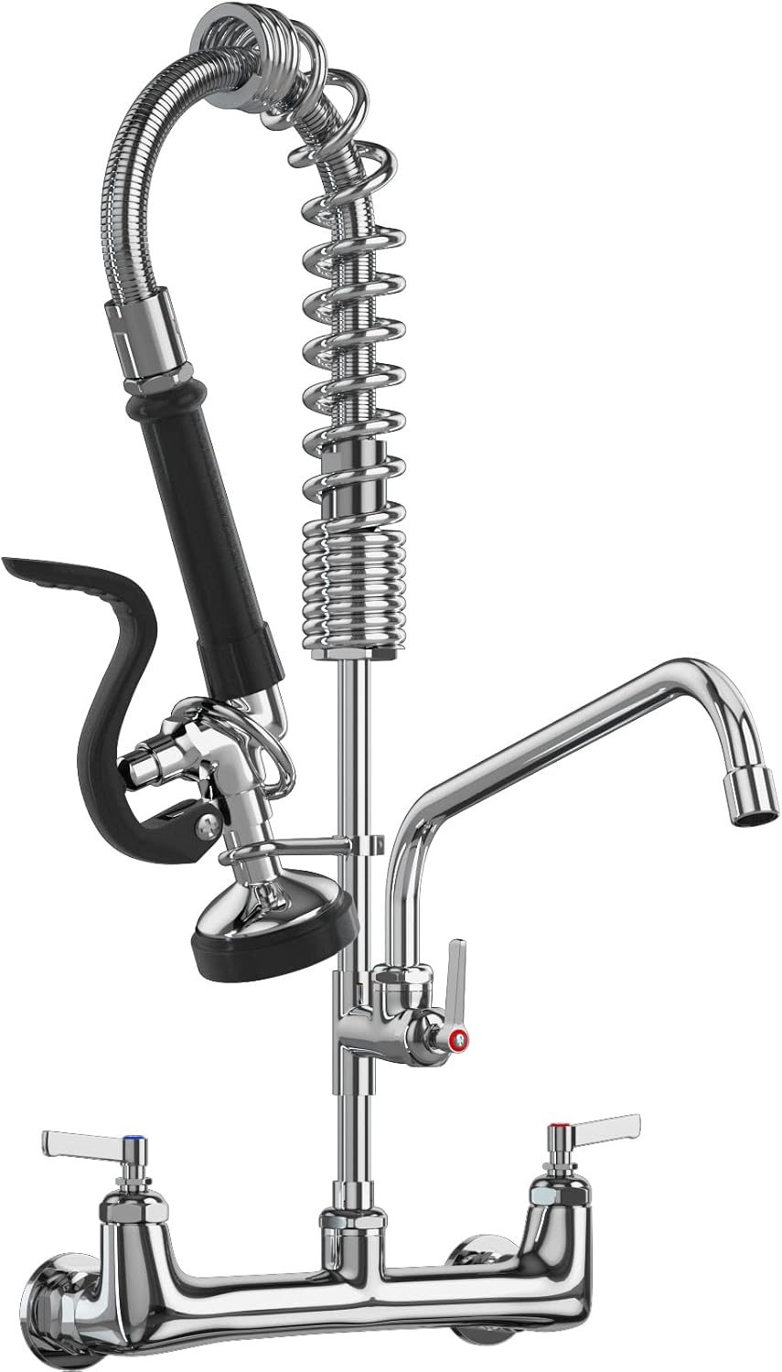 Commercial Faucet with Sprayer 8 Inch Center 25" Height Wall Mount Kitchen Sink Faucets Add On 12" Swing Spout & Pull Down Pre Rinse Sprayer for 1, 2 or 3 Compartment Sink (Polished Chrome)