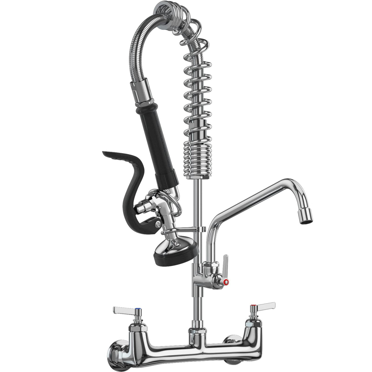 Commercial Wall Mount Kitchen Sink Faucet with Sprayer - 21"" Height 8 inch Center, Add-on 8"" Swing Spout Pre-Rinse Sprayer for 1 or 2 Compartment Sink, KH-KF-002