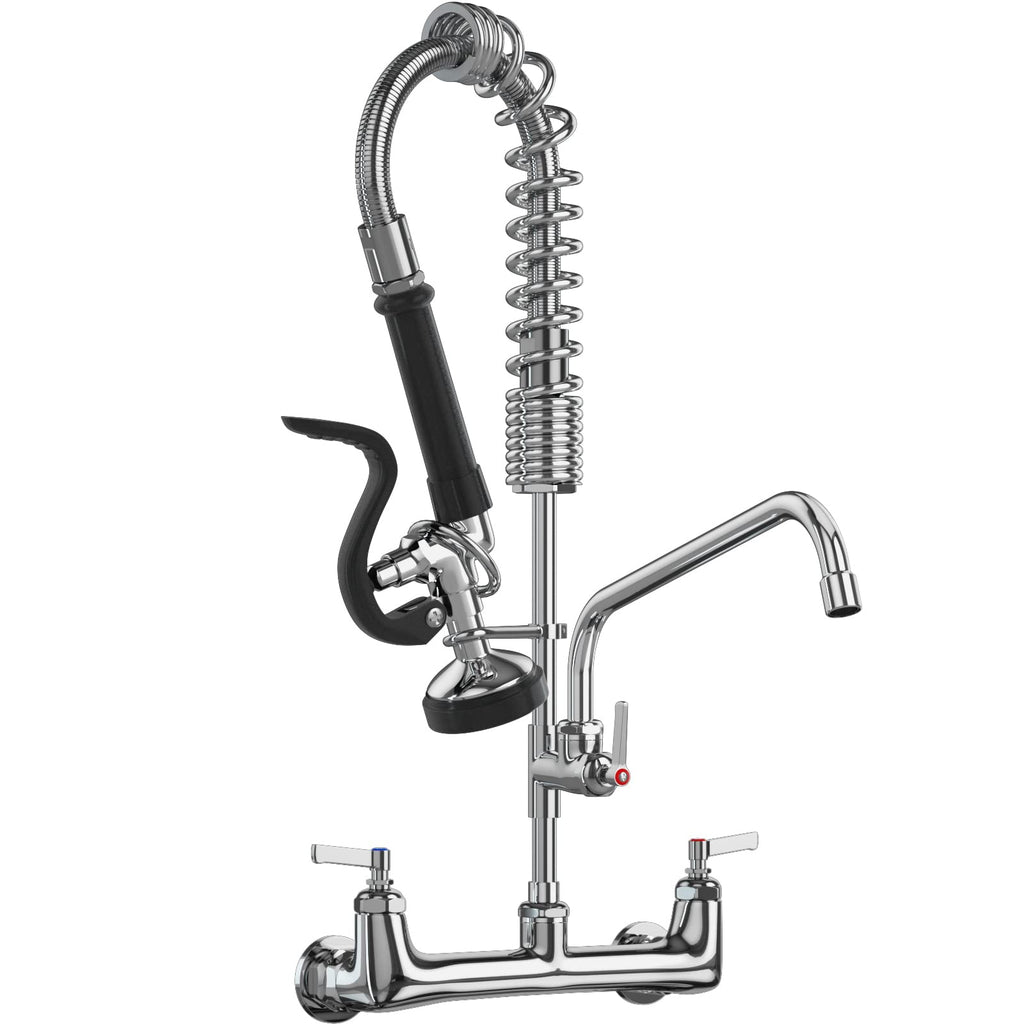 Commercial Faucet with Sprayer 8 Inch Center 25" Height Wall Mount Kitchen Sink Faucets Add On 12" Swing Spout & Pull Down Pre Rinse Sprayer for 1, 2 or 3 Compartment Sink (Polished Chrome)