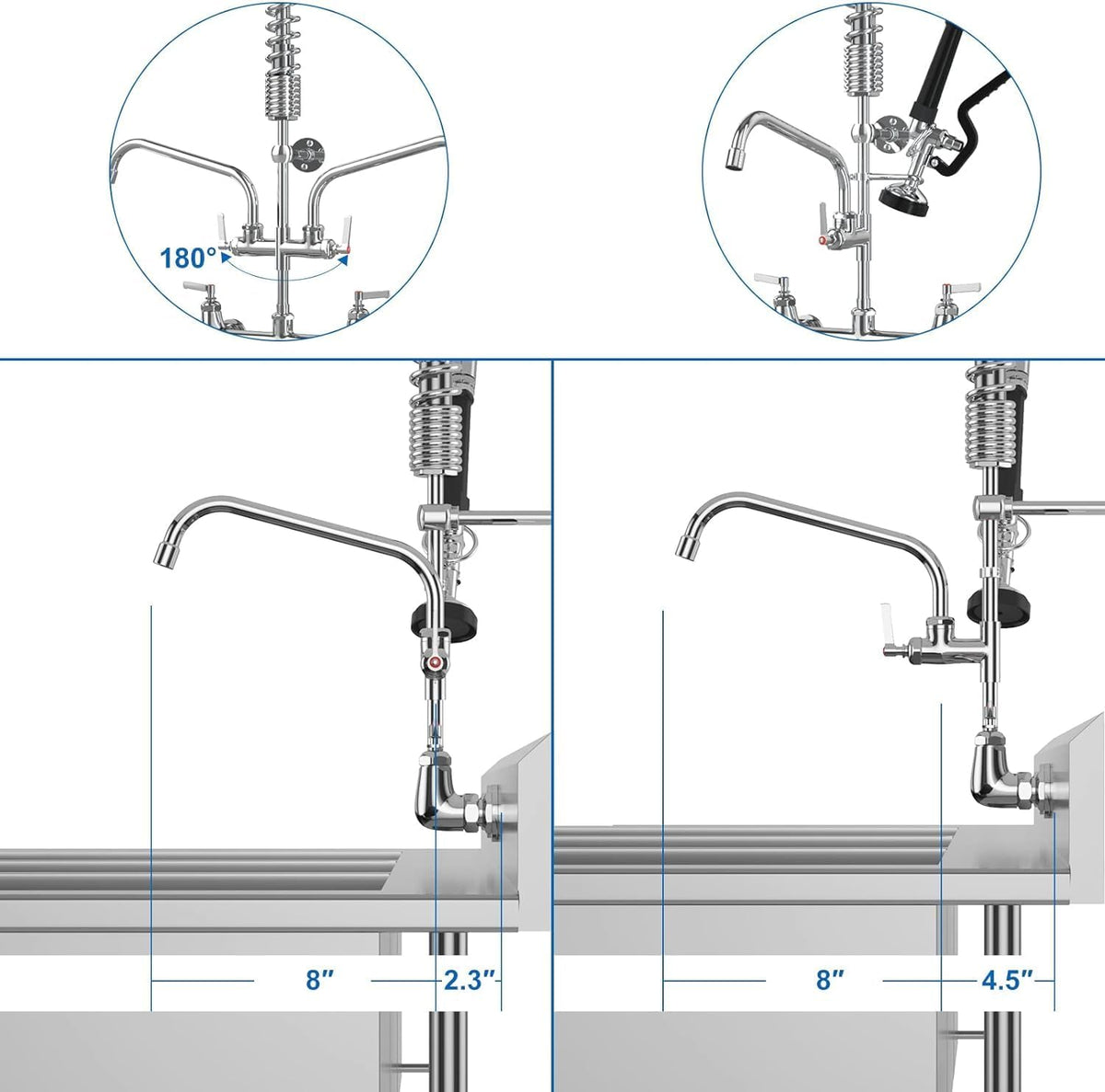 Commercial Wall Mount Kitchen Sink Faucet with Sprayer - 21"" Height 8 inch Center, Add-on 8"" Swing Spout Pre-Rinse Sprayer for 1 or 2 Compartment Sink, KH-KF-002