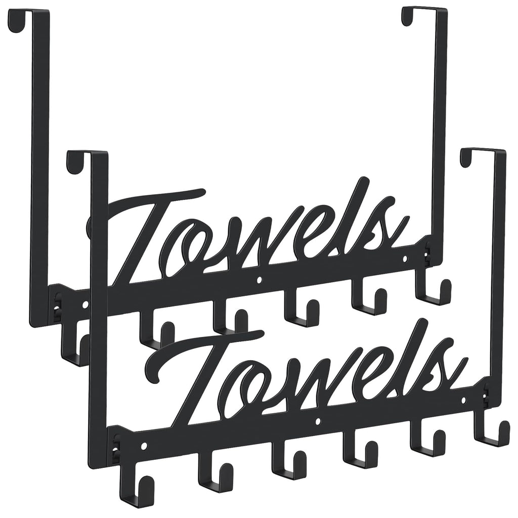 Azmoncy Over The Door Hooks, Towel Rack Towel Hooks for Bathroom, Towel Holder for Hanging Heavy Duty, Door Rack Over Door Hanger with 5 Coat Hooks for Bedroom Bathroom Kitchen, Black