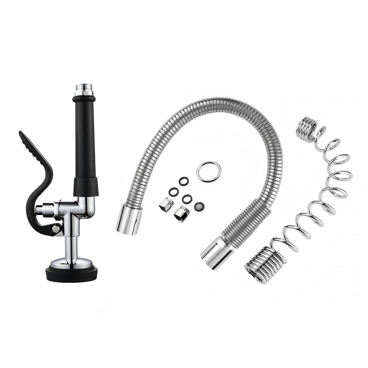 HWM Commercial Sink Sprayer with 45” Flexible Stainless Steel Pre Rinse Hose & Overhead Spring Replacement Kit for Commercial Kitchen Sink Faucets