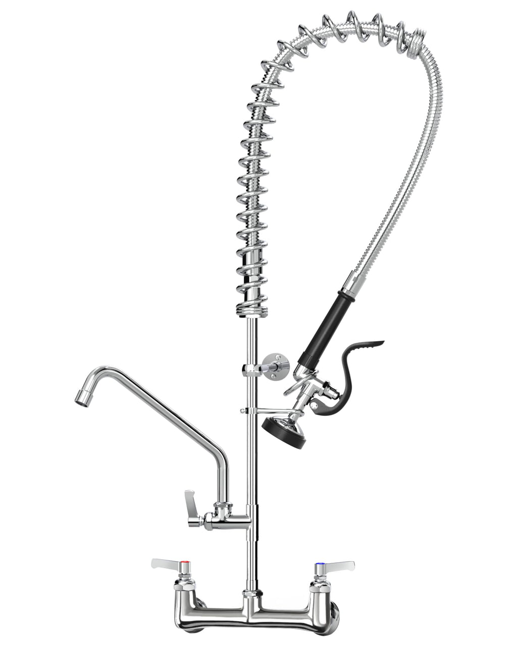 Commercial Wall Mount Kitchen Sink Faucet Brass Constructed Polished Chrome Pre-Rinse Device 25" Height 8" Center with Spring Pull Down Sprayer and 12" Add-on Spout (25 inches)