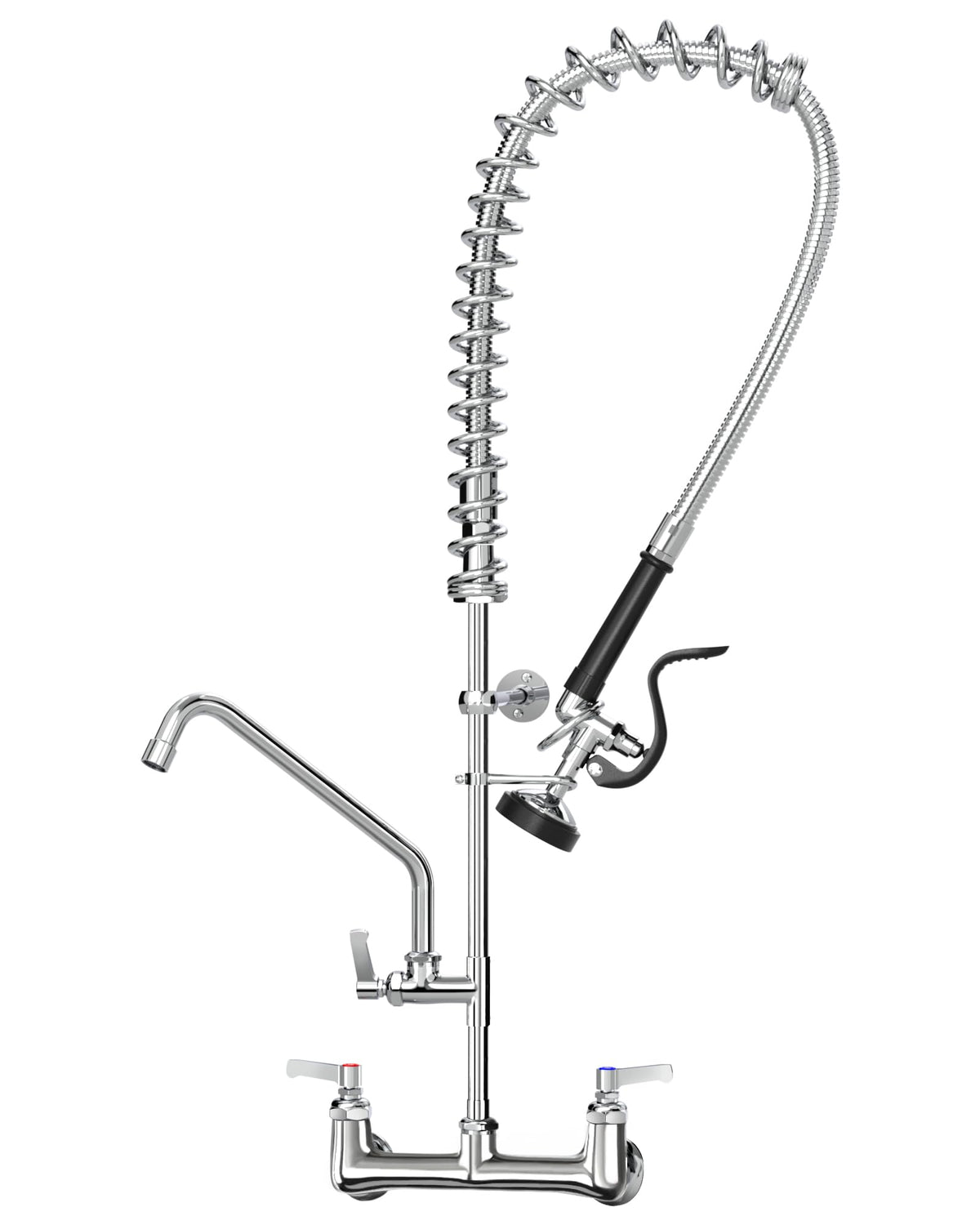 Commercial Wall Mount Kitchen Sink Faucet Brass Constructed Polished Chrome Pre-Rinse Device 25" Height 8" Center with Spring Pull Down Sprayer and 12" Add-on Spout (25 inches)