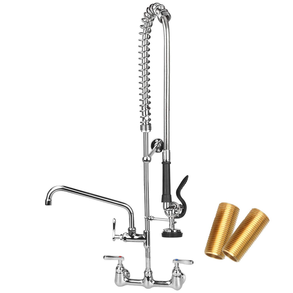 Commercial Kitchen Faucet Wall Mount with Pre Rinse Sprayer, 25" Height 8" Adjustable Center Wall Mount Restaurant Sink Faucet with 12" Swivel Add-on Spout and Pull Down Sprayer