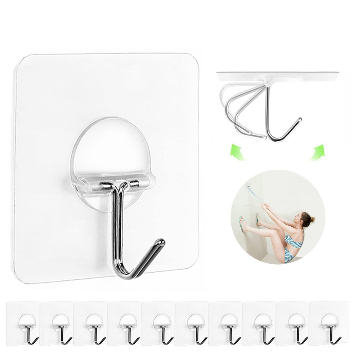 Adhesive Wall Hooks No Drill Large Clear Heavy Duty,13LB Sticky 8 Pack