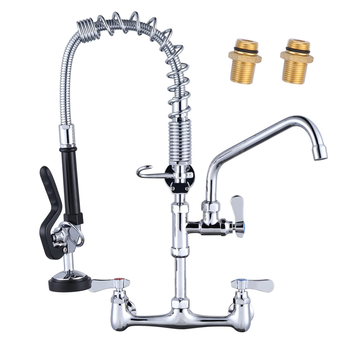 Commercial Kitchen Faucet Wall Mount with Pre-Rinse Sprayer 8 Inch Center Wall Mount Kitchen Sink Faucet with 9.6" Add-on Swing Spout 25" Height Faucet with Pull Down Spray