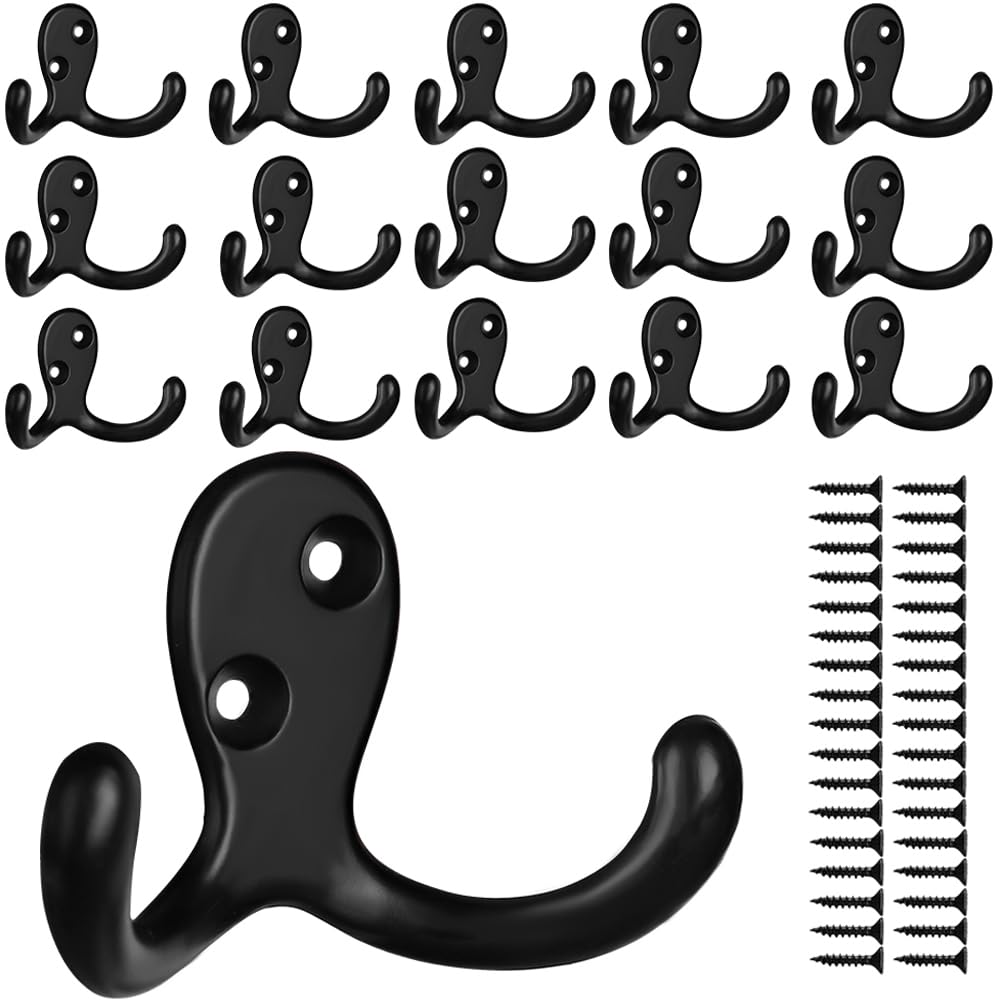 IBosins 10 Pack Silvery Double Prong Coat Hooks Wall Mounted with 20 Screws