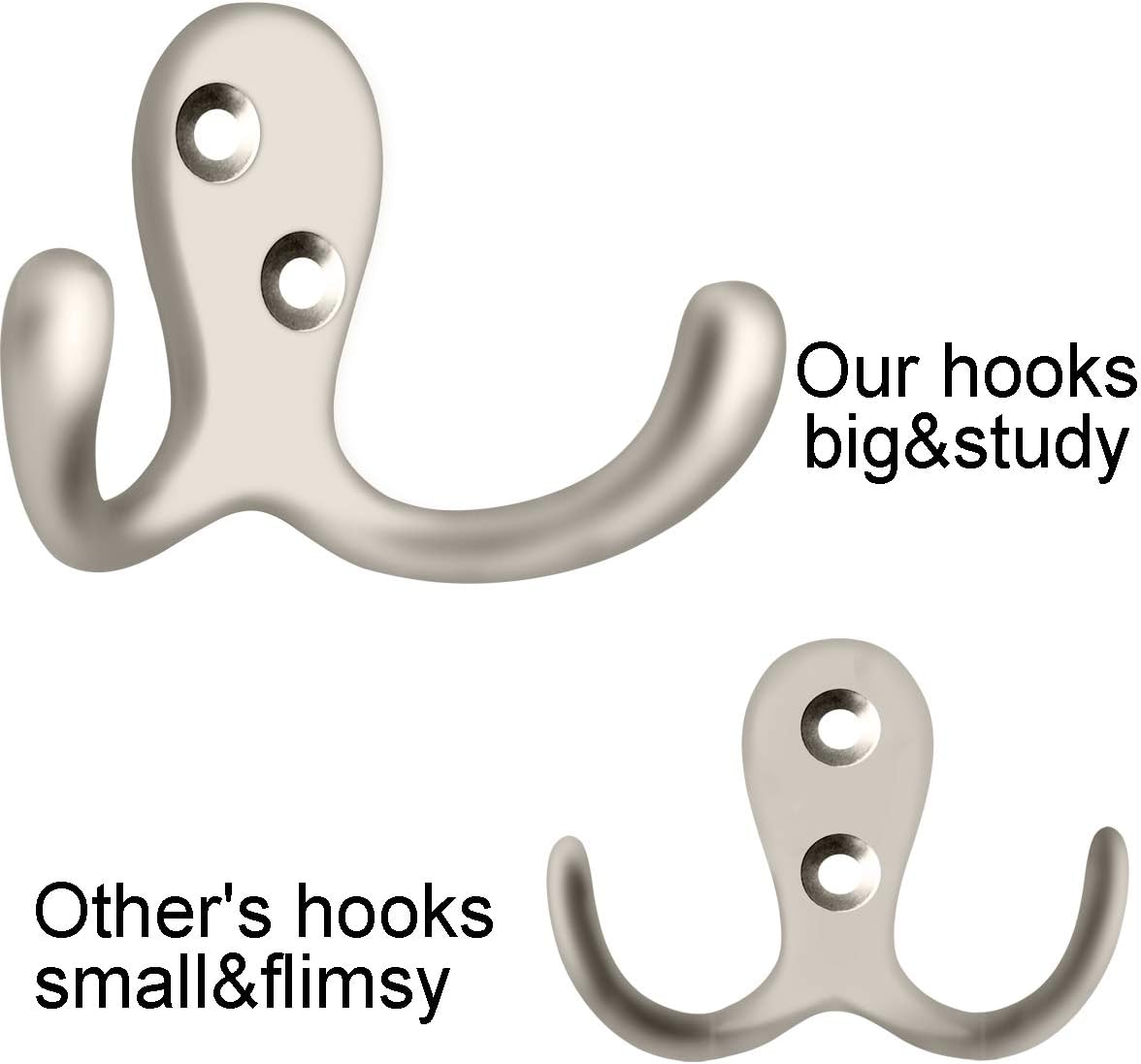 IBosins 10 Pack Silvery Double Prong Coat Hooks Wall Mounted with 20 Screws