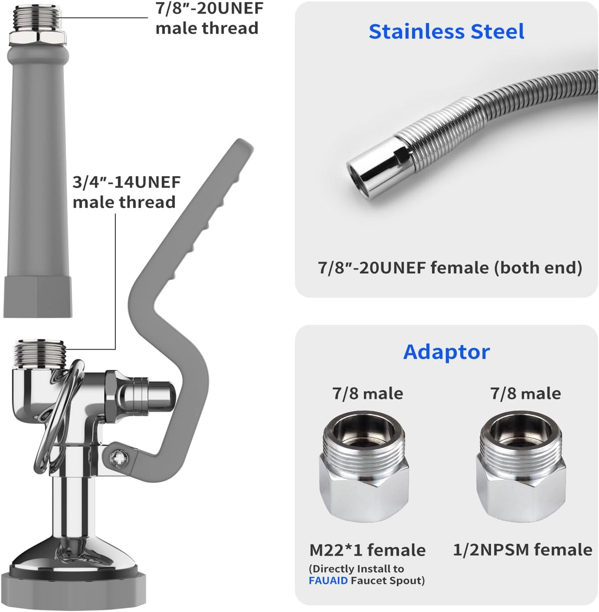 Pre Rinse Spray Valve with 45” Stainless-Steel Hose,1.42 GPM Pre Rinse Sprayer Commercial Sink Sprayer with Ergonomic Handle Commercial Faucet Parts,Fit for Dish Washing Spray （Gray）