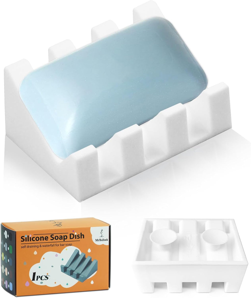 Silicone Soap Dish Self Draining with Suction Cups (White, 1 Pack)
