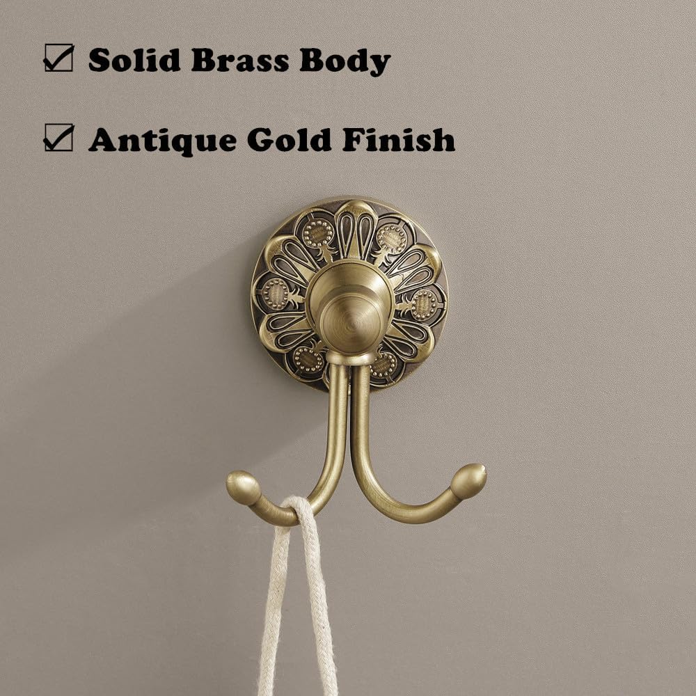 Antique Brass Towel Hook, Wall Mounted Bathroom Hook for Clothing & Robe Hanger, Screws Install Shower Wall Hook, Vintage Gold Brass Petal-Relief Series Longhorn Double Hook