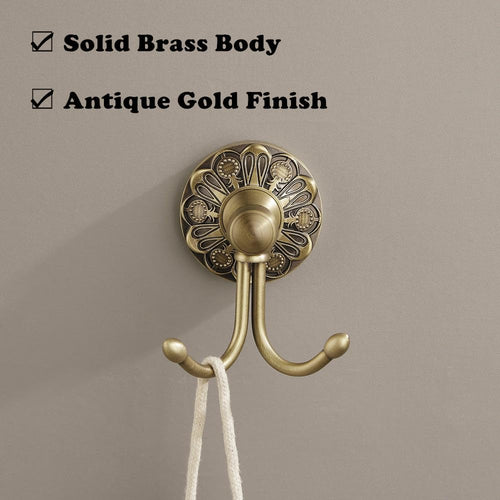 Antique Brass Towel Hook, Wall Mounted Bathroom Hook for Clothing & Robe Hanger, Screws Install Shower Wall Hook, Vintage Gold Brass Petal-Relief Series Longhorn Double Hook