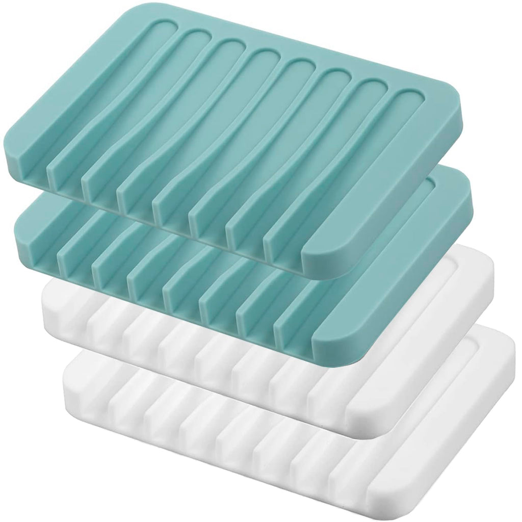 Self Draining Soap Dishes, 3 Pcs Silicone Soap Saver, Waterfall Drainer Soap Holder for Bathroom, Extend Soap Life, Keep Soap Bars Dry Clean & Easy Cleaning (White, Gray, Teal)
