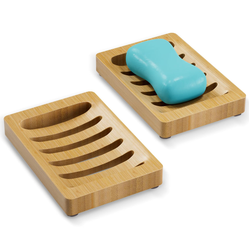 AmazerBath Soap Holder Soap Dish, Bamboo Soap Dish, 2 Pack Wood Bar Soap Holder for Shower, Trays Self Draining, Soap Saver for Shower, Bathroom, Kitchen(Natural Color)