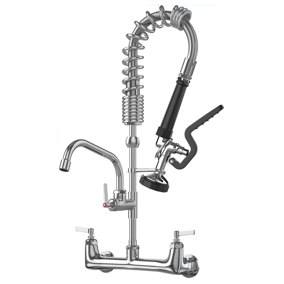 Commercial Faucet with Sprayer 8 Inch Center 25" Height Wall Mount Kitchen Sink Faucets Add On 12" Swing Spout & Pull Down Pre Rinse Sprayer for 1, 2 or 3 Compartment Sink (Polished Chrome)