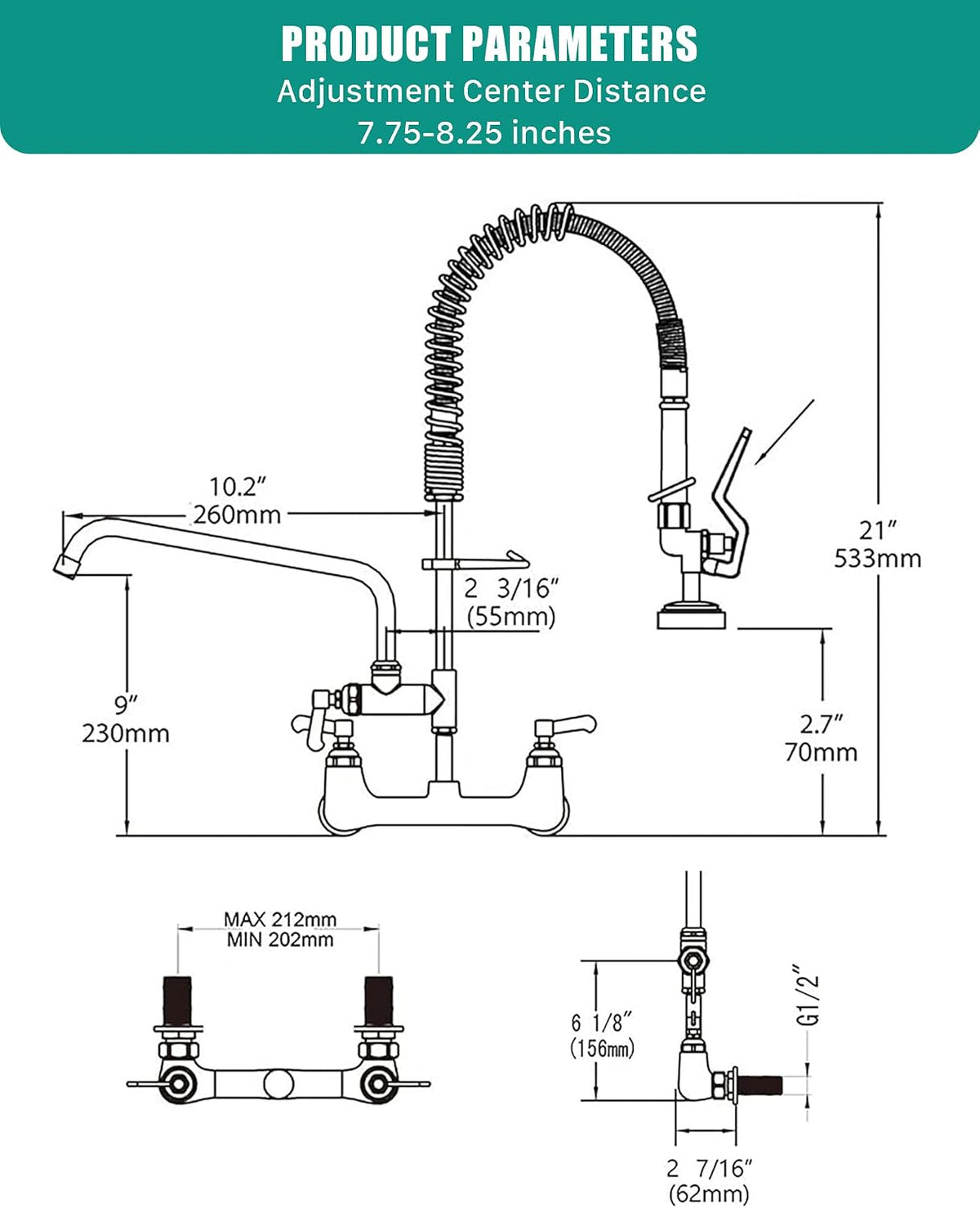 Commercial Wall Mount Kitchen Sink Faucet Brass Constructed Polished Chrome Pre-Rinse Device 25" Height 8" Center with Spring Pull Down Sprayer and 12" Add-on Spout (25 inches)