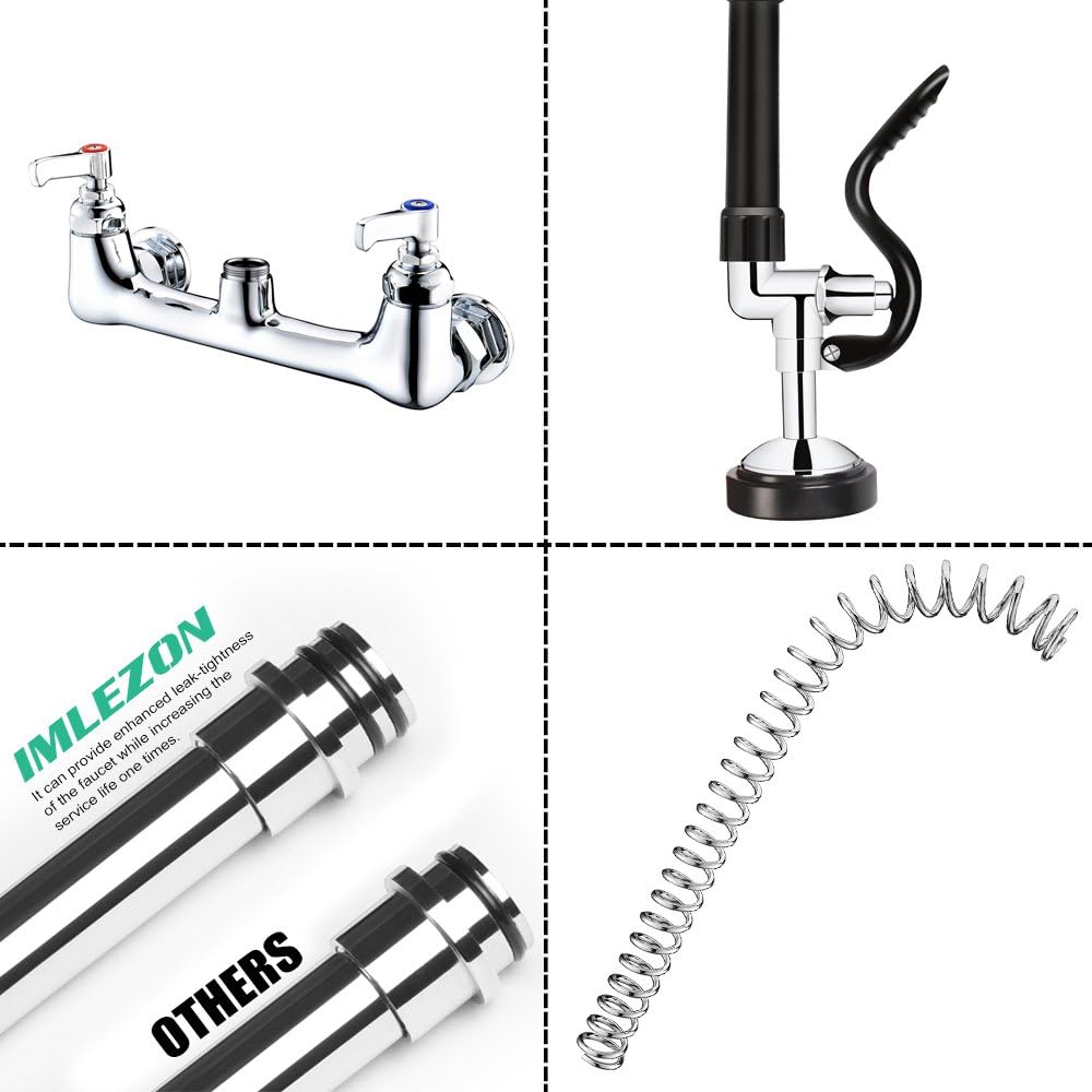 IMLEZON Commercial Faucet, Wall Mount Sink Faucet 8 Inch Center 47 Inch Commercial Kitchen Faucet with Pre-Rinse Sprayer and 12 Inch Swivel Spout