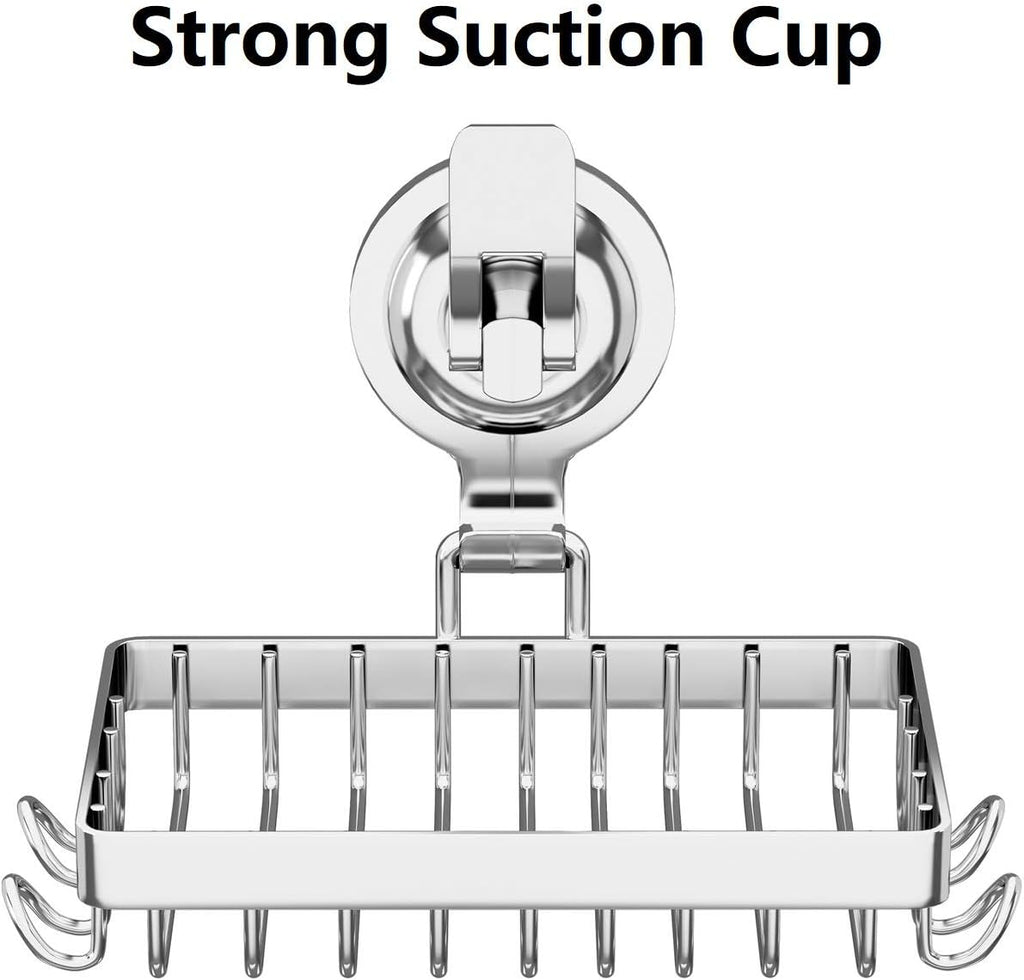 Soap Holder Shower, Suction Cup Soap Dish for Shower with 4 Hooks, 304 Stainless Steel, Silver