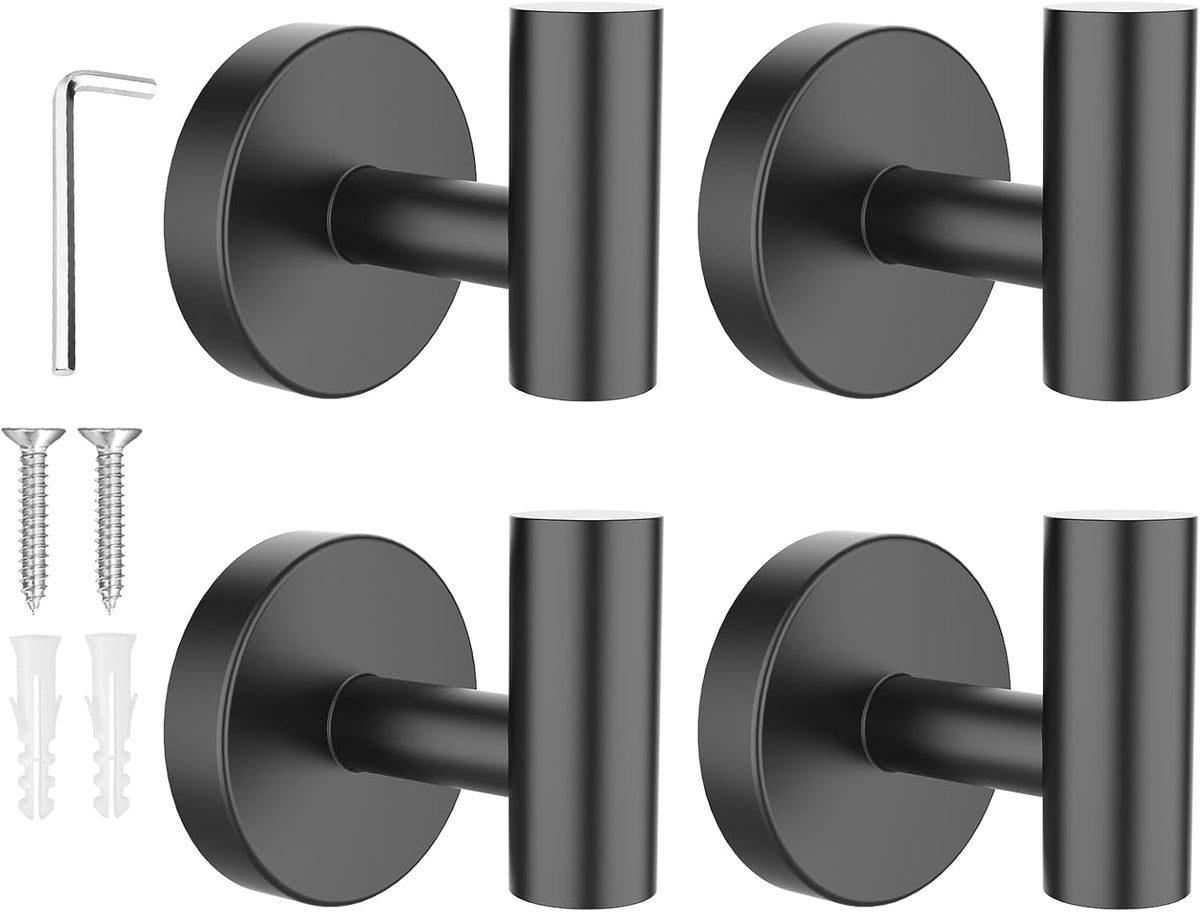 SetSail Towel Hooks for Bathrooms 4 Packs Screw-in Matte Black Bathroom Towel Hook Wall Mounted Stainless Steel Shower Towel Hooks for Coat Hanging, Drill Hole
