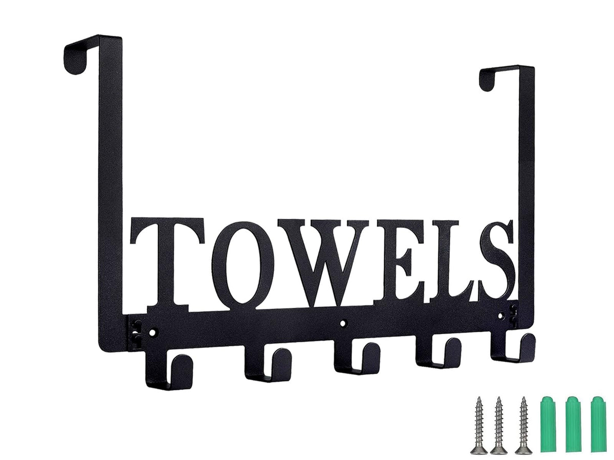 Azmoncy Over The Door Hooks, Towel Rack Towel Hooks for Bathroom, Towel Holder for Hanging Heavy Duty, Door Rack Over Door Hanger with 5 Coat Hooks for Bedroom Bathroom Kitchen, Black