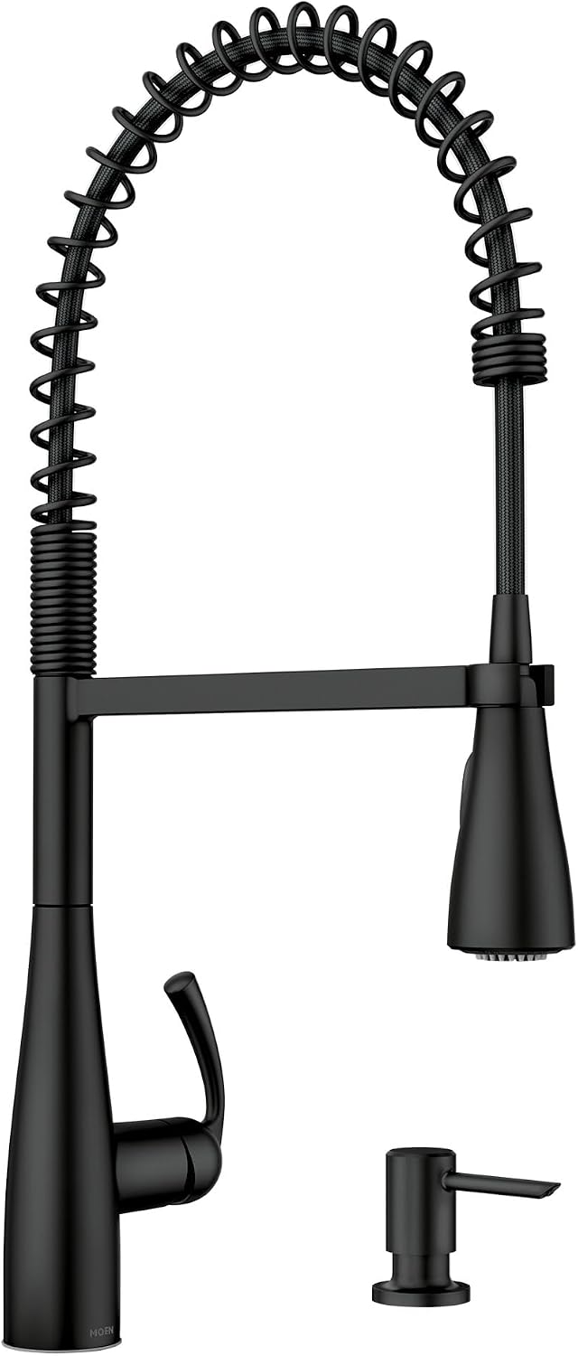 Moen Essie Matte Black One-Handle High Arc Pre-Rinse Spring Pulldown Kitchen Faucet with Power Clean, 87814BL