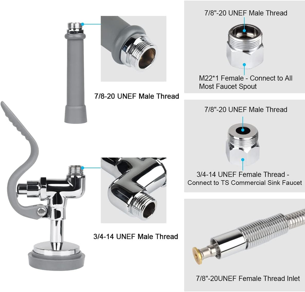 Commercial Sink Sprayer with 45" Flexible Stainless Steel Hose, Pre-Rinse Dish Spray Valve Replacement Kit Assembly Sprayer Nozzle Head for Industrial Restaurant Kitchen Faucets, Gray
