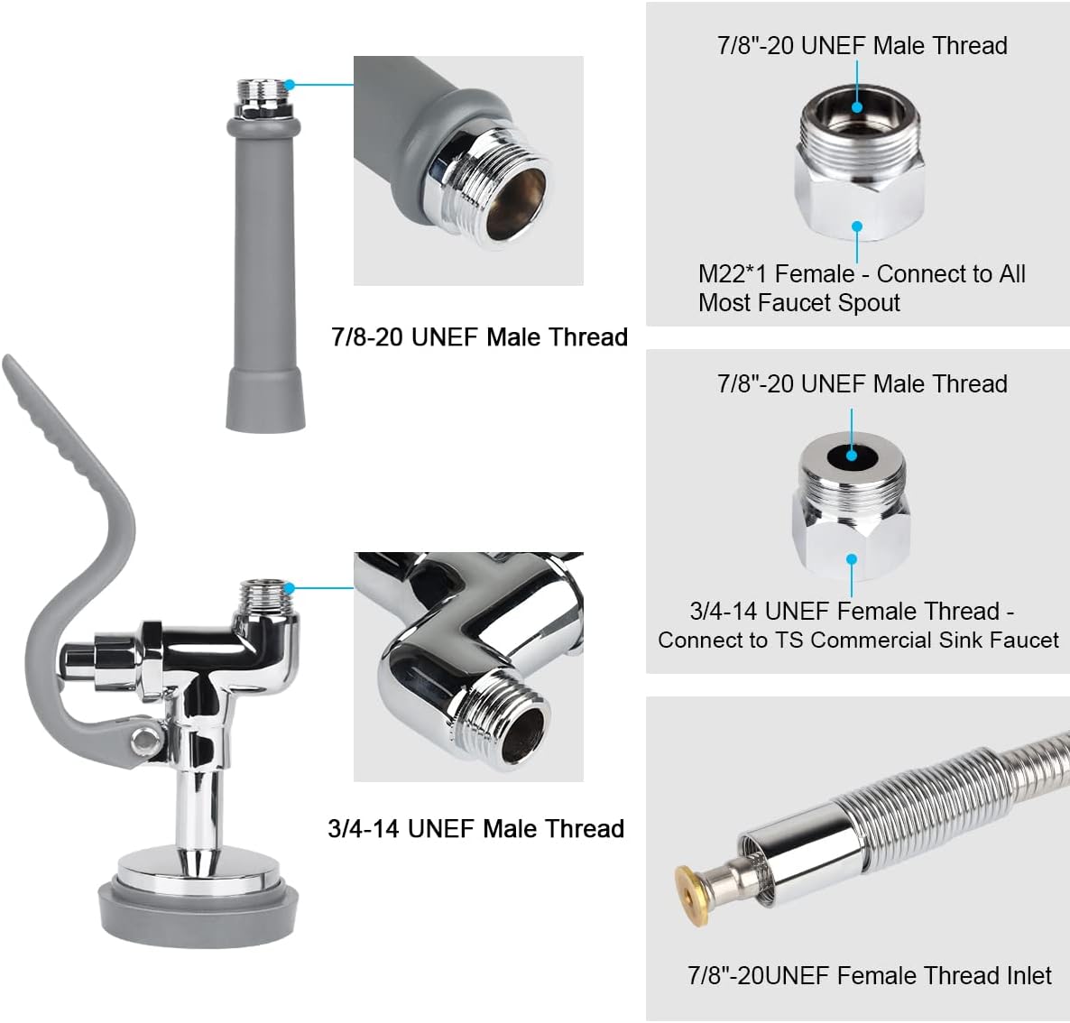Commercial Sink Sprayer with 45" Flexible Stainless Steel Hose, Pre-Rinse Dish Spray Valve Replacement Kit Assembly Sprayer Nozzle Head for Industrial Restaurant Kitchen Faucets, Gray