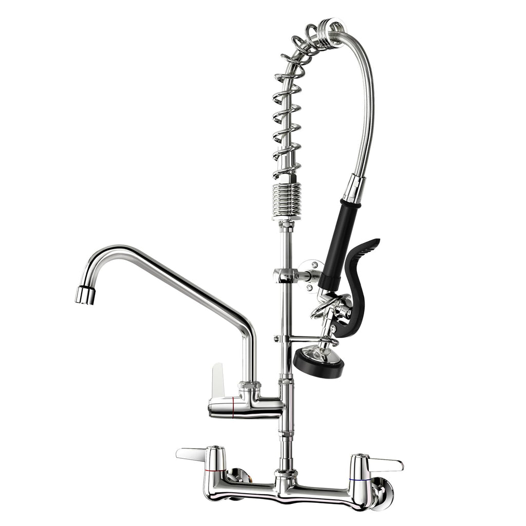 Commercial Kitchen Faucet with Sprayer for Restaurant-Chefs: BESTJEEF Commercial Sink Faucet for Cook - 25" Height 8" Center Wall Mount Kitchen Faucet with Stainless Spring Spray and 10" Add-On Spout