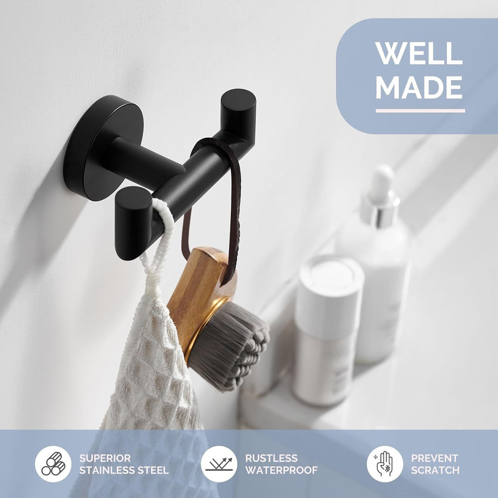 Angle Simple Double Towel Hook for Bathroom, Robe Coat Hook, Matte Black