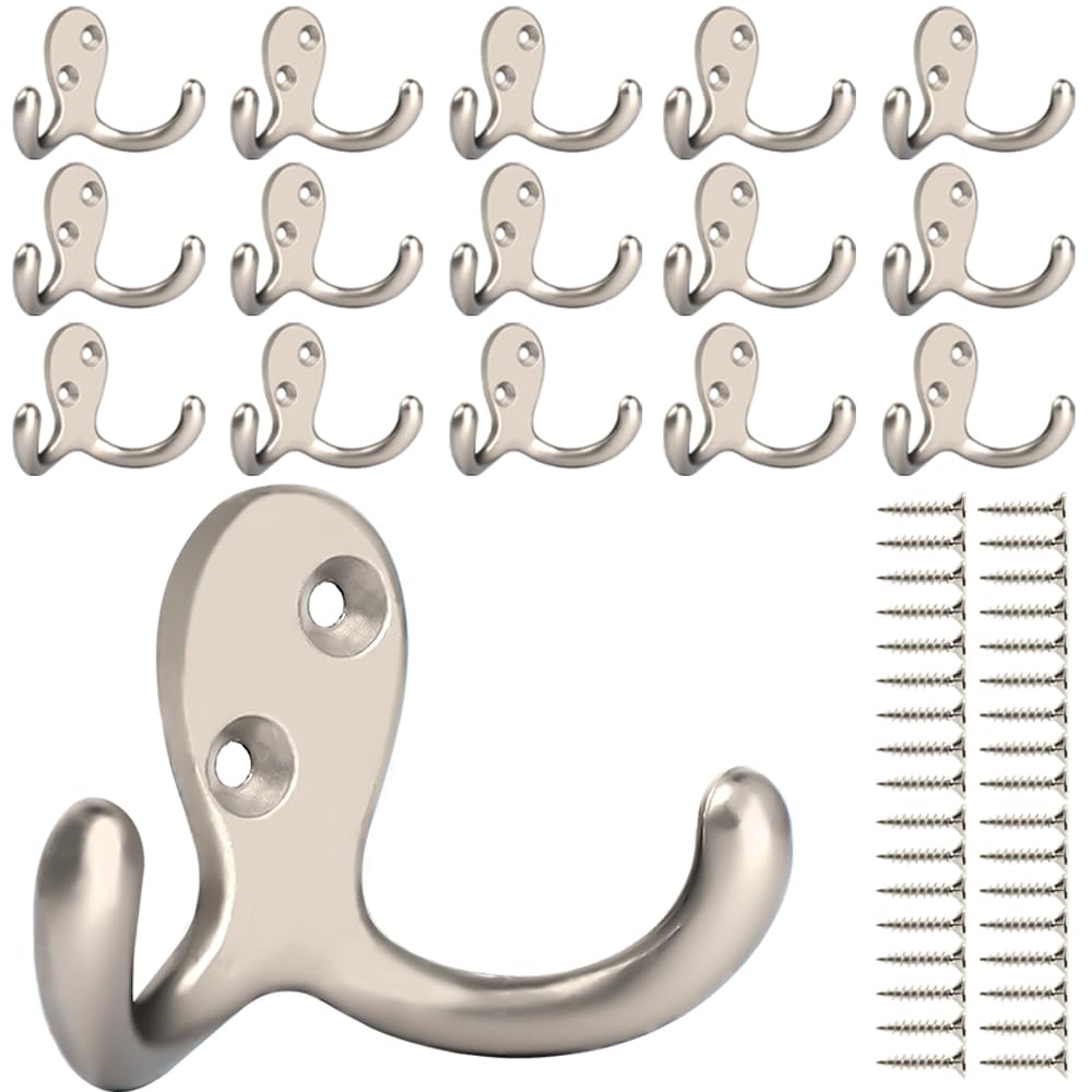 IBosins 10 Pack Silvery Double Prong Coat Hooks Wall Mounted with 20 Screws