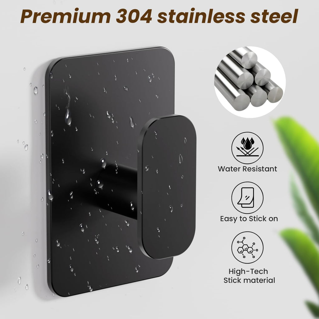 Large Heavy Duty Wall Hooks - 26lb Max, Stainless Steel Adhesive Towel Hooks for Hanging Towel, Coat, Robe, Hat, Sticky Towel Holder for Wall Mount in Bathroom, Shower, Kitchen (Black, 4 Pack)