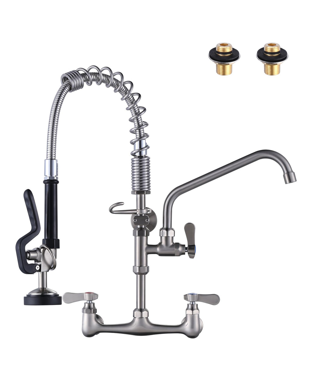Commercial Kitchen Faucet Wall Mount with Pre-Rinse Sprayer 8 Inch Center Wall Mount Kitchen Sink Faucet with 9.6" Add-on Swing Spout 25" Height Faucet with Pull Down Spray