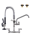 Commercial Kitchen Faucet Wall Mount with Pre-Rinse Sprayer 36" Height Wall Mount Kitchen Sink Faucet 8 Inch Center with 10" Add-on Swing Spout Faucet & Coiled Spring Pull Down Spray