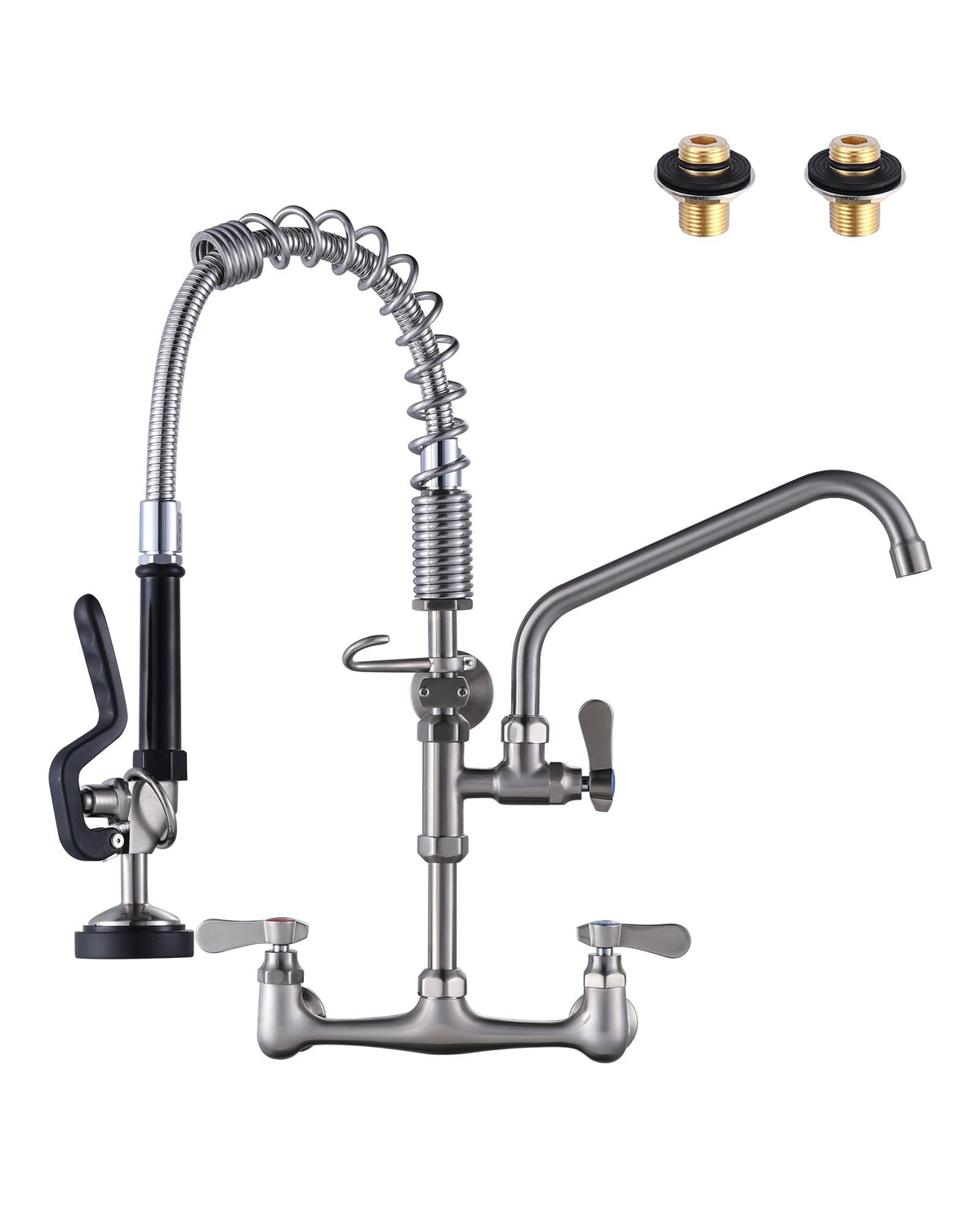 Commercial Kitchen Faucet Wall Mount with Pre-Rinse Sprayer 36" Height Wall Mount Kitchen Sink Faucet 8 Inch Center with 10" Add-on Swing Spout Faucet & Coiled Spring Pull Down Spray