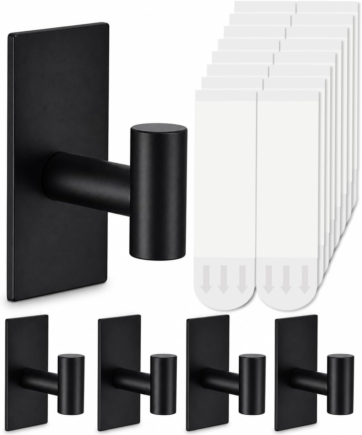 5 Pcs Towel Hooks Heavy Duty for Hanging，Adhesive Wall Hooks with Removable Strips，Sticky No Damage，Outdoor for Bathrooms，Shower，Stockings，Decor，Robe，X-Large，Black 304 Stainless Steel
