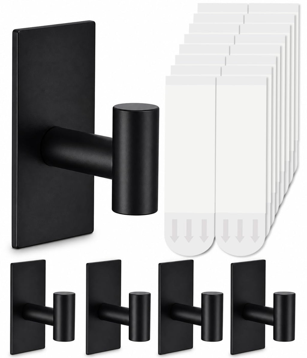 5 Pcs Towel Hooks Heavy Duty for Hanging，Adhesive Wall Hooks with Removable Strips，Sticky No Damage，Outdoor for Bathrooms，Shower，Stockings，Decor，Robe，X-Large，Black 304 Stainless Steel