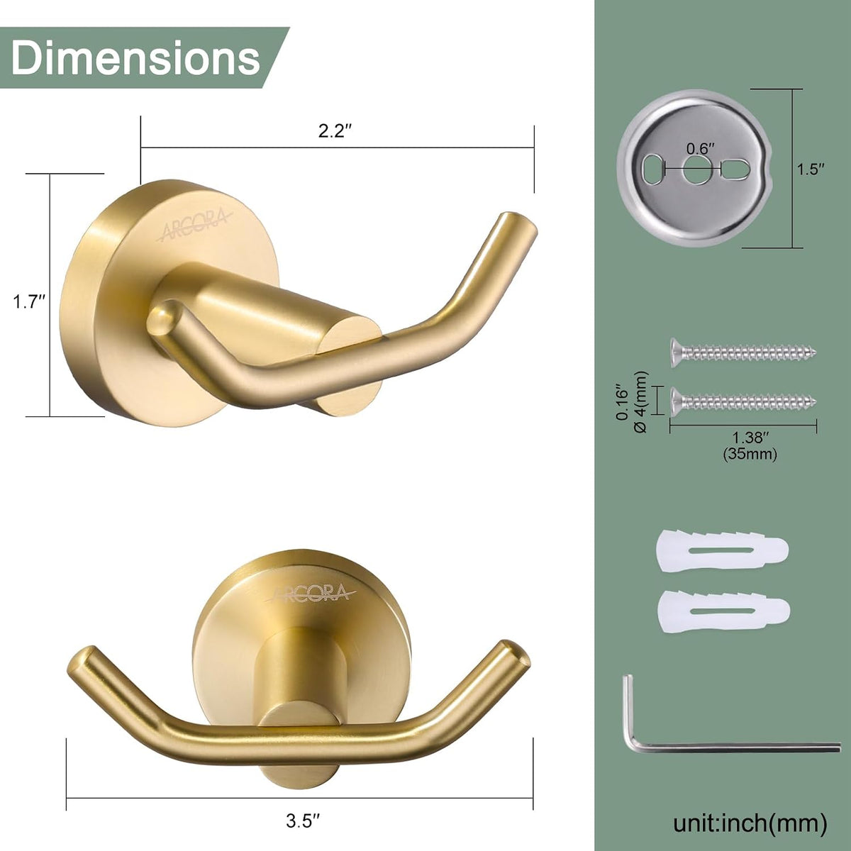ARCORA Brushed Gold Towel Hooks, SUS 304 Stainless Steel Bathroom Robe Hook