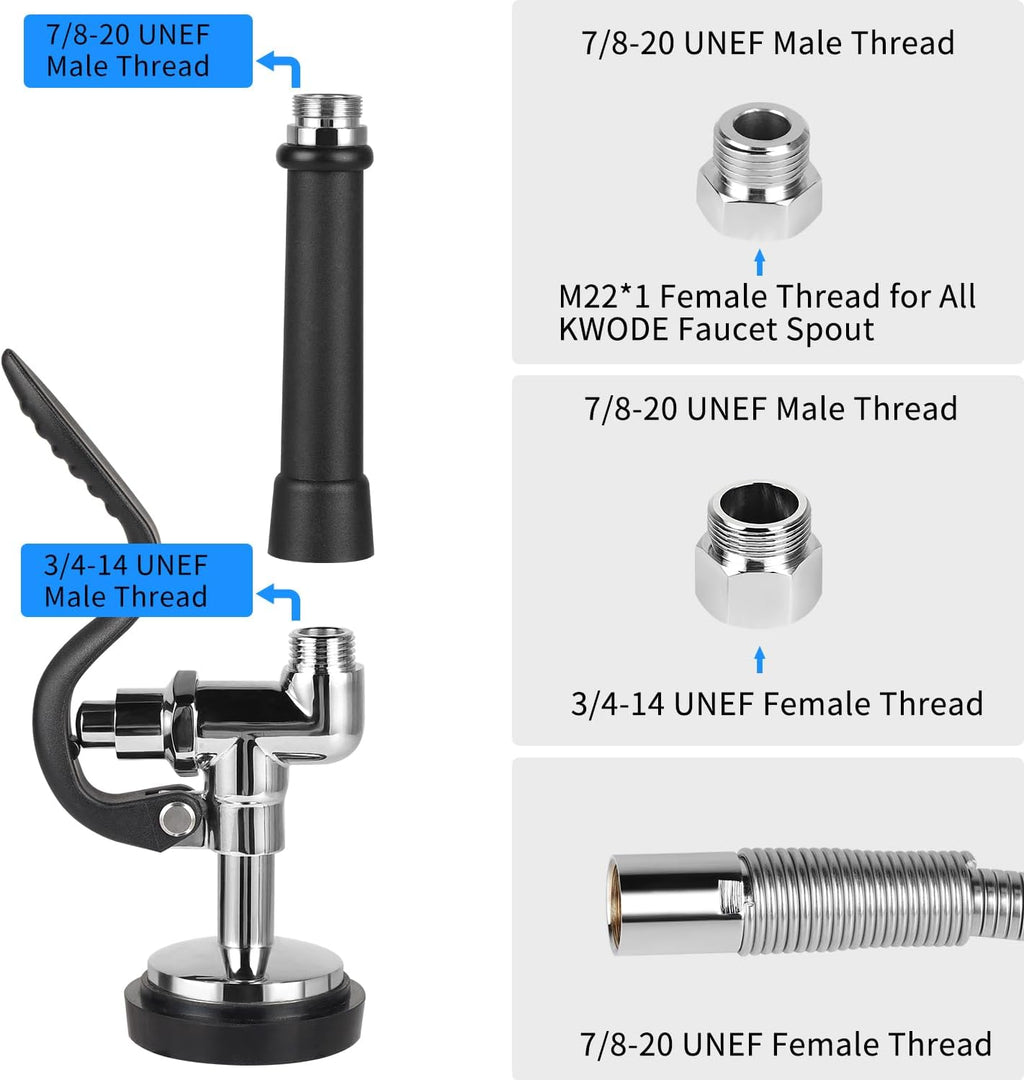 Pre-rinse Hose with Spray Valve, 45” Flexible Stainless Steel Hose with Black Pre Rinse Sprayer Head Assembly for Commercial Industrial Restaurant Kitchen Sink Faucet (3 Adapters Included)