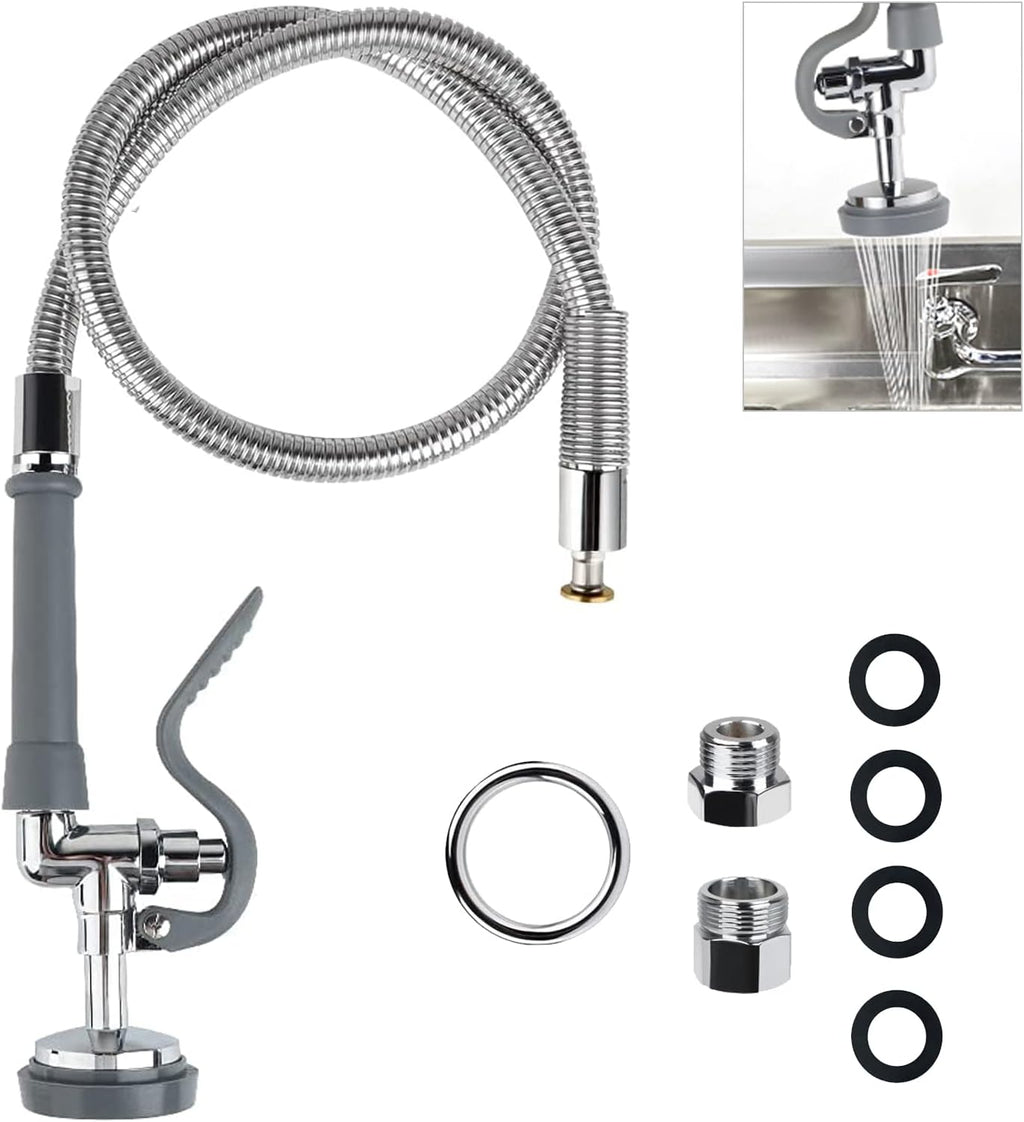Commercial Sink Sprayer with 45" Flexible Stainless Steel Hose, Pre-Rinse Dish Spray Valve Replacement Kit Assembly Sprayer Nozzle Head for Industrial Restaurant Kitchen Faucets, Gray