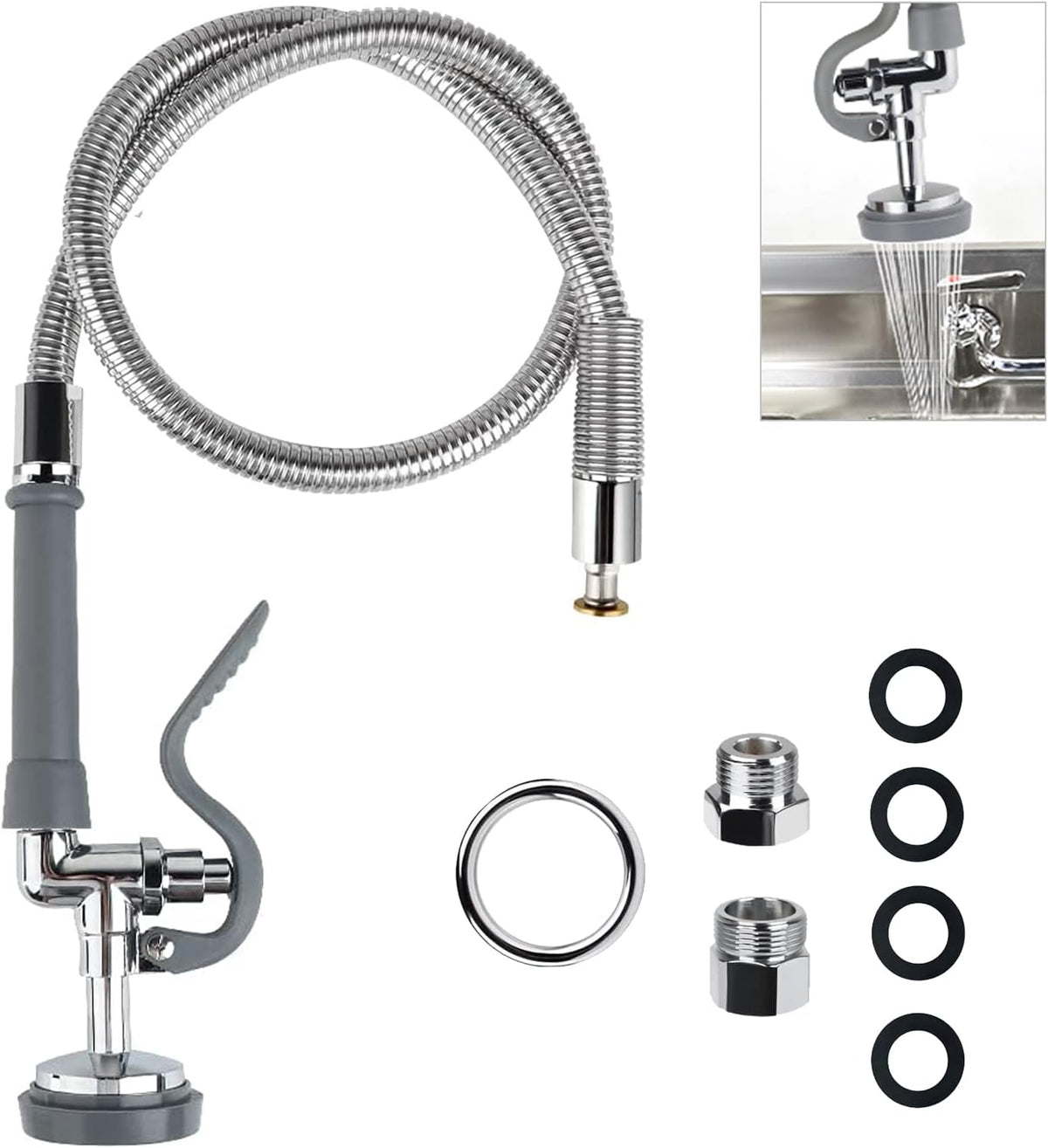 Commercial Sink Sprayer with 45" Flexible Stainless Steel Hose, Pre-Rinse Dish Spray Valve Replacement Kit Assembly Sprayer Nozzle Head for Industrial Restaurant Kitchen Faucets, Gray
