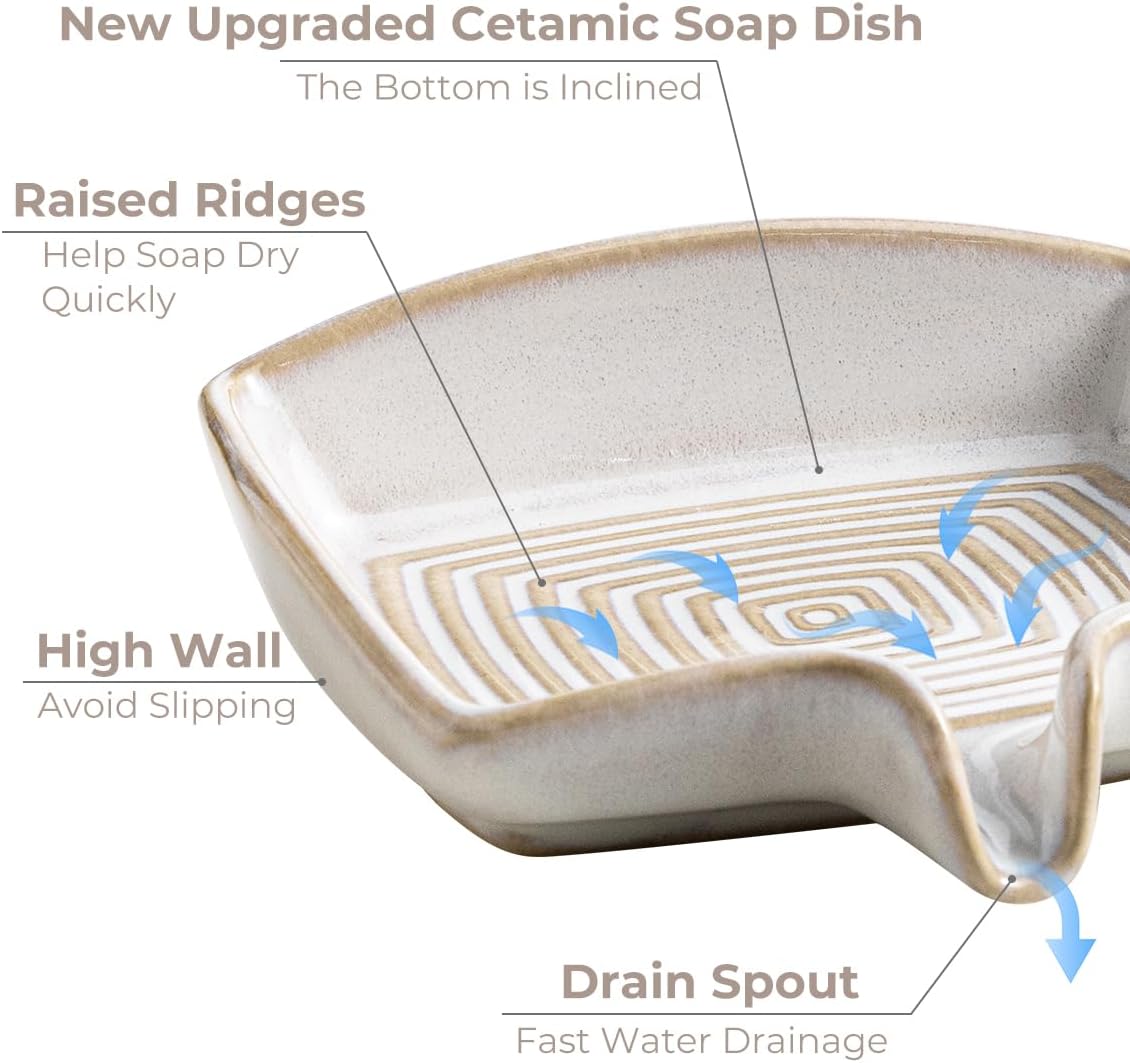 Zoeeker Self Draining Soap Dish, Ceramic Soap Holder with Waterfall Design