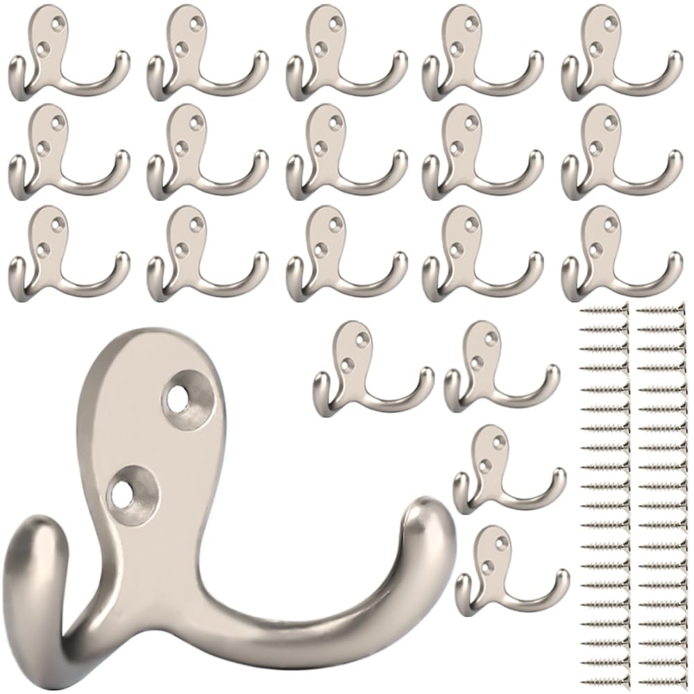IBosins 10 Pack Silvery Double Prong Coat Hooks Wall Mounted with 20 Screws