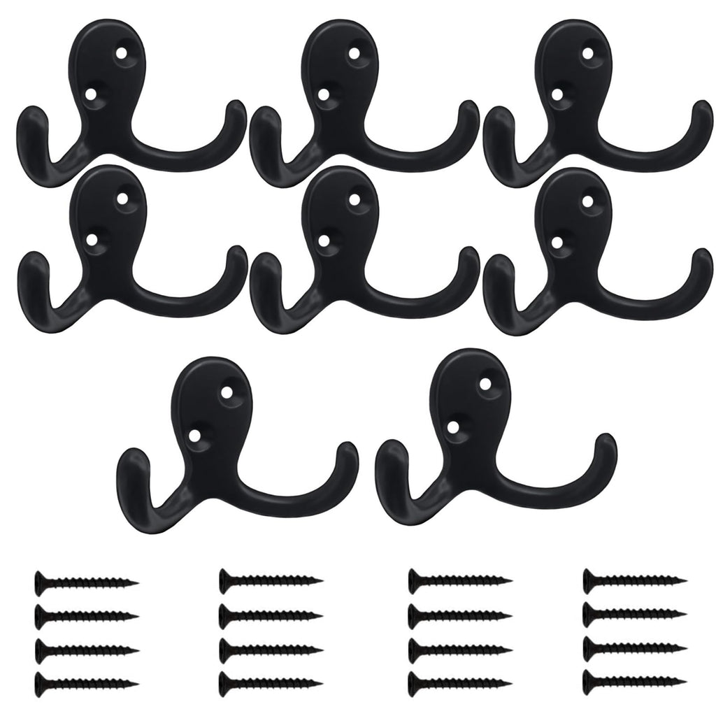 Kruodop 4 Pack Wall Hooks Wall Mounted Coat Hooks for Hanging Heavy Duty, Black Towel Hooks, Metal Double Coat Hanger with Screws Cup Retro for Coats, Handbags, Towels, Hat