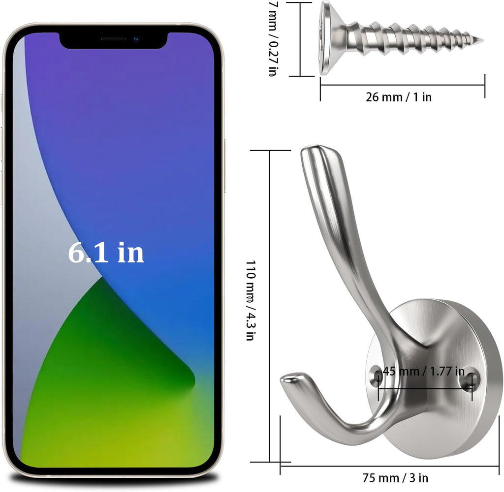 Towel Hooks for Bathrooms Silver Wall Hooks 2 Pack Brushed Nickel Coat Hooks Heavy Duty Towel Wall Hooks for Coats Robes Hats Bath Entryway Cubicle Kitchen Screw in Brushed Nickel Towel Hooks