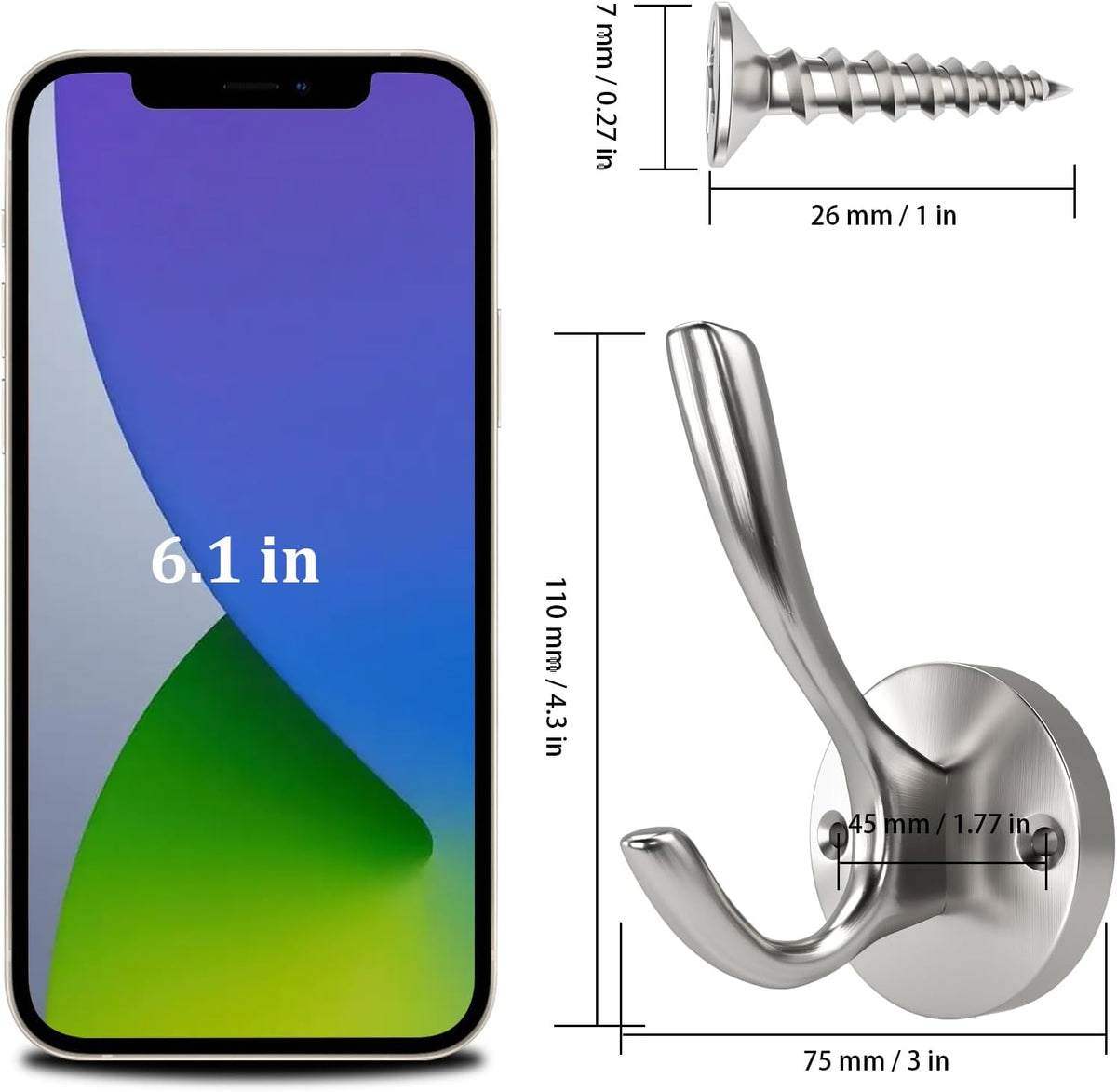 Towel Hooks for Bathrooms Silver Wall Hooks 2 Pack Brushed Nickel Coat Hooks Heavy Duty Towel Wall Hooks for Coats Robes Hats Bath Entryway Cubicle Kitchen Screw in Brushed Nickel Towel Hooks
