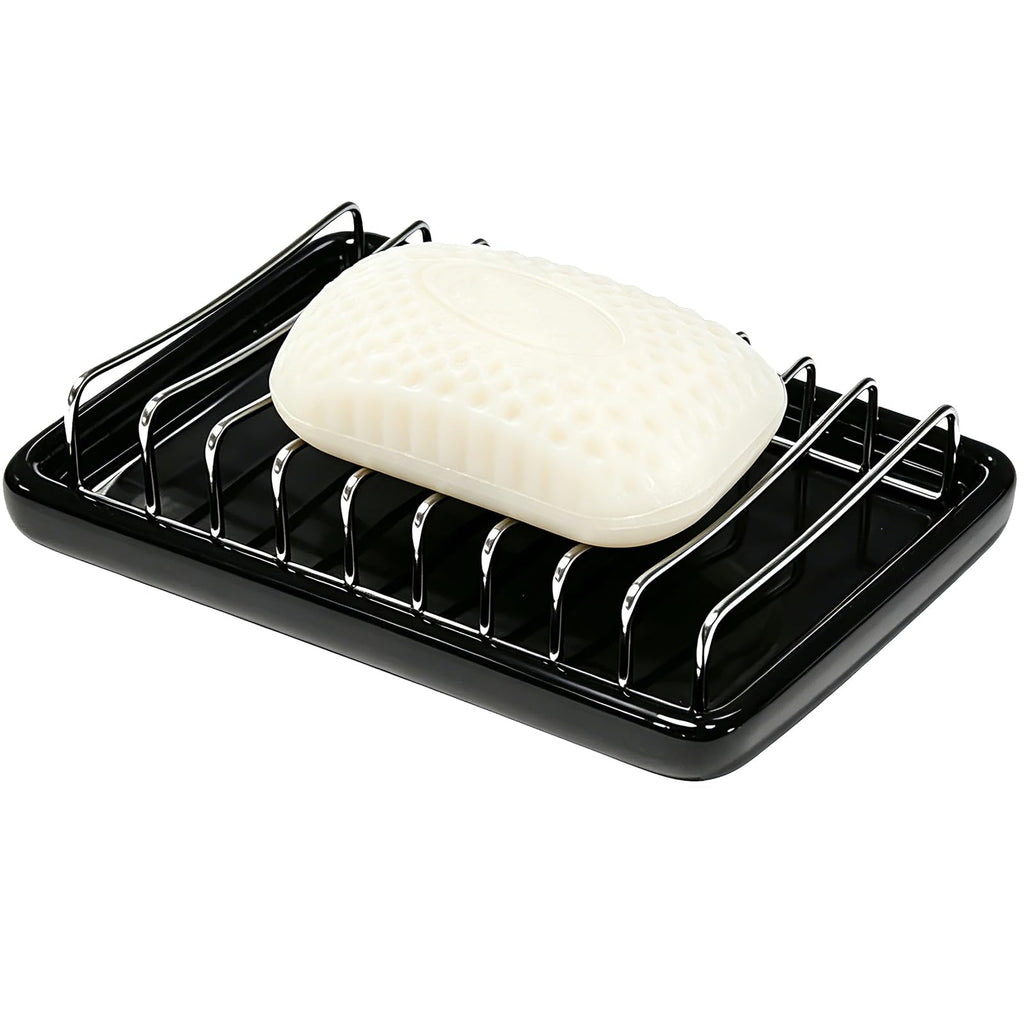 Ceramic Soap Dish with Stainless Steel Drain Tray Self Draining Soap Holder Sponge Holder Soap Dishes for Shower, Bathroom, Kitchen Sink